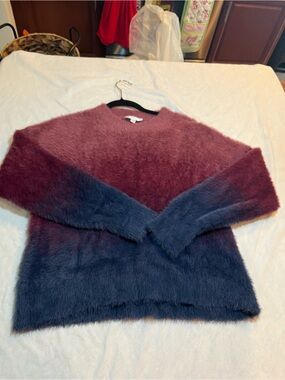 Time and True  Fuzzy Ombre Crewneck Sweater - Burgundy to Navy